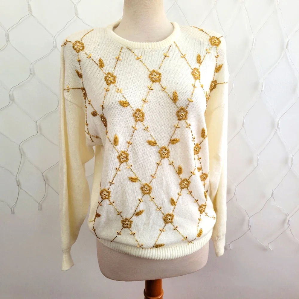 Vintage Beaded Sweater • Cream & Gold • Crew • Large • Stunning